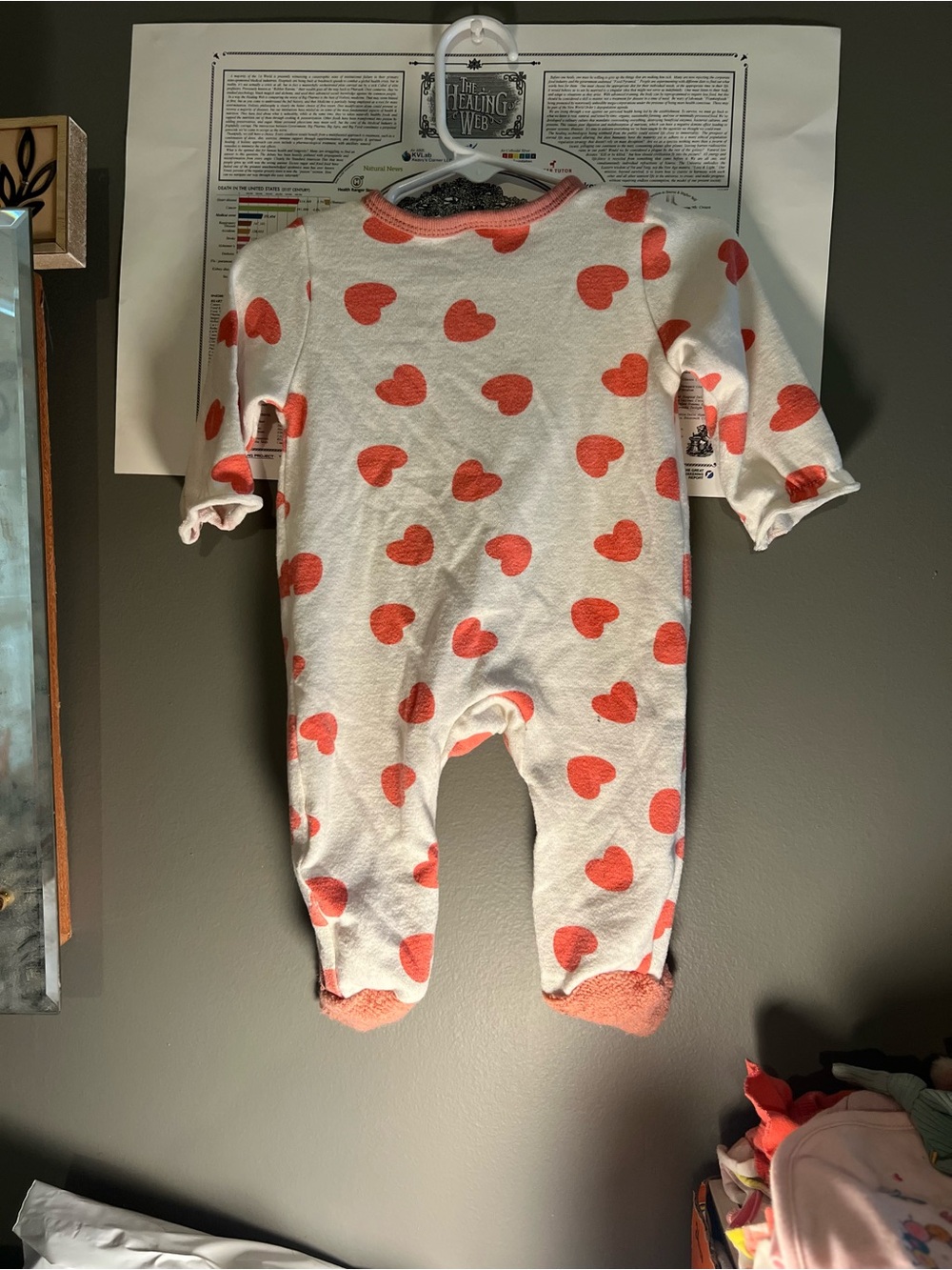 SHEIN White Footed Romper with Coral Hearts